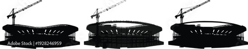Stadium construction silhouette vector set, arena building with tower cranes and structural framework isolated black illustration on white background