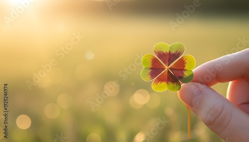 Hand holding a four-leaf clover with sun flare during golden hour, symbol of good luck and hope
