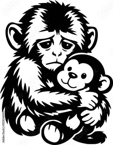Sad and lonely little monkey hugging his toy clip art vector illustration, loneliness concept