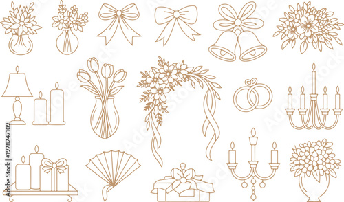 Elegant celebration outline icons collection featuring floral arrangements bows and wedding rings