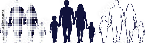 Diverse Family Silhouettes and Dot Art Representations on White Background people parents
