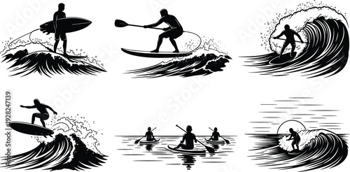 Surfing and paddleboarding silhouette vector illustration set, ocean wave extreme water sport collection, black and white surfer action scenes isolated