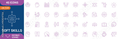 Soft Skills Icon Set. Soft Skills Icons Pixel Perfect. interpersonal skill, confidence, problem solving, communication, teamwork, leadership, adaptability, time management and etc. Editable stroke.