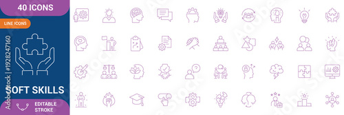 Soft Skills Icon Set. Soft Skills Icons Pixel Perfect. interpersonal skill, confidence, problem solving, communication, teamwork, leadership, adaptability, time management and etc. Editable stroke.
