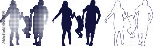 Family with Child Swinging in Dot Art, Silhouette, and Outline Styles people parents