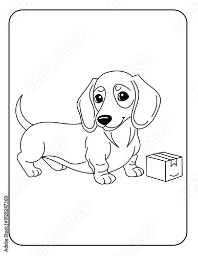 Cute Dachshund Puppy Coloring Page, Adorable Sausage Dog with Gift Box Line Art for Kids