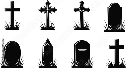 Black Silhouette Vector Set of Gravestones and Cemetery Crosses Isolated on White Background for Halloween Spooky Horror Death Burial and Memorial Graphic Design