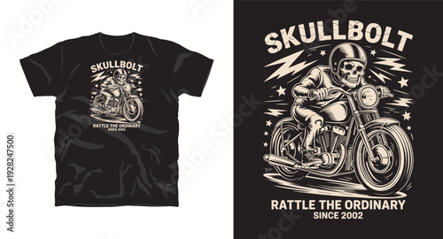 Skullbolt rattle ordinary since 2002 t-shirt design with skeleton riding motorcycle retro style