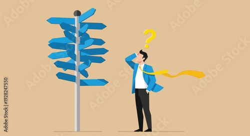Confused Businessman Standing In Front Of Multi Directional Blue Signpost Thinking About Career Path Choice Decision Making And Future Strategy
