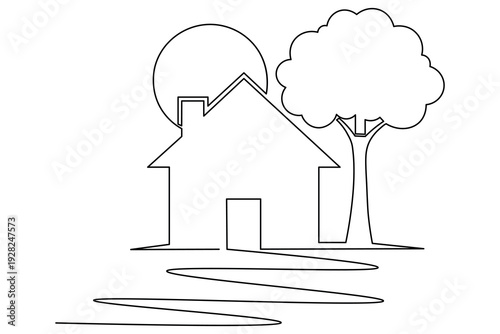 Continuous one line drawing of a house with a tree sun and driveway path