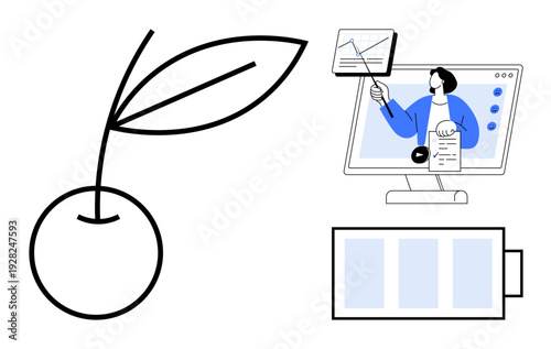 Technology concept. Digital tools signify remote work and online learning while battery and cherry icons metaphor life balance. For education, work productivity, energy management, tutorials