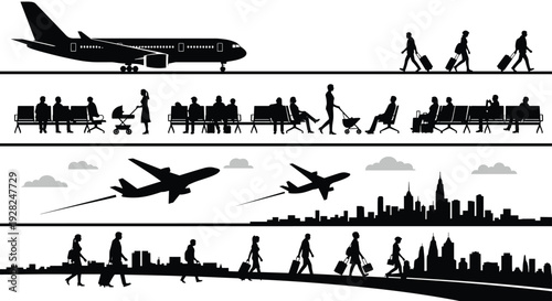 Airport passenger silhouettes set with airplane, waiting area, city skyline and travelers walking with luggage isolated on white background vector illustration