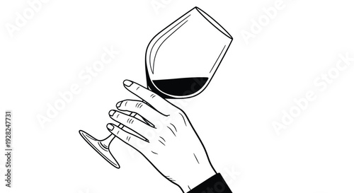 Minimalist Line Drawing Of A Human Hand Holding A Tilted Wine Glass Half Filled With Red Wine On Plain Background