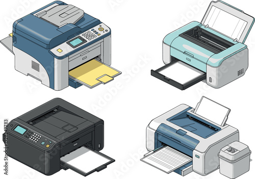 Isometric set of modern office printers and multifunction printing devices isolated on white background for business, workspace, and document technology illustration concept design collection