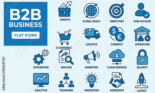 WebB2B Business Flat Icon Set Featuring Growth Global Reach Objectives User Account Ecommerce Logistics Currency Operations Integration Analysis Marketing Cloud Services