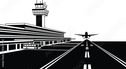 Airport terminal and control tower with airplane landing on runway, aviation transportation perspective scene isolated on white background vector illustration