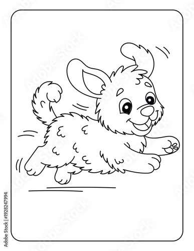 Cute Fluffy Puppy Running and Playing, Adorable Dog Character Line Art for Kids Coloring Page