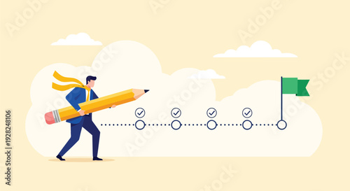 Ambitious Businessman Carrying Large Pencil Along Dotted Path Towards Success Flag Representing Creative Planning Project Management And Goal Achievement Concept