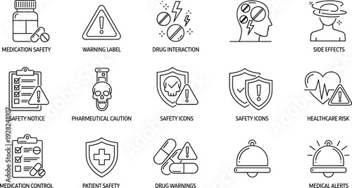 Professional Line Icon Set for Medical and Pharmaceutical Safety Featuring Medication Safety Warning Labels Drug Interactions Healthcare Risks and Patient Alerts