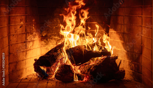 Fireplace burning wood logs. Cozy warm home in winter, Christmas time bonfire. Fre flames