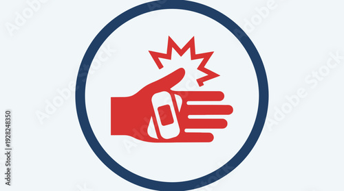 Injury and medical care icon depicting a hand with a bandage and a red starburst symbolizing pain or impact