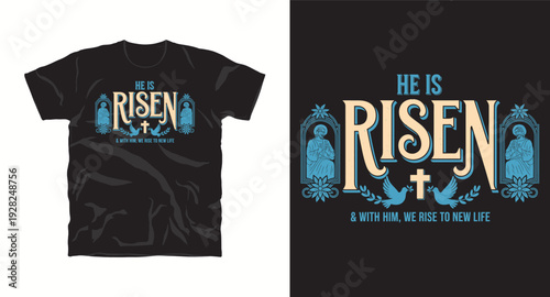 He is risen christian t-shirt design with pigeons cross and floral elements easter message of new life