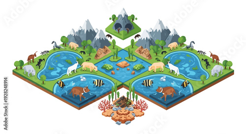 Isometric vector illustration of a vibrant World Wildlife Day concept featuring a globe with diverse ecosystems, conservation elements, and wildlife, promoting ecology and environmental