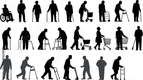 Set of various elderly people silhouette icons vector illustration featuring senior citizens with walkers wheelchairs and canes for healthcare graphic design decoration.