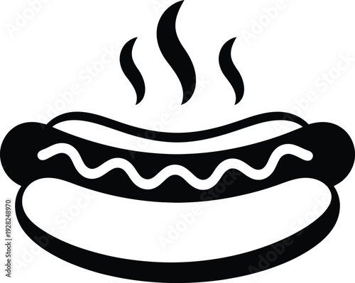 Simple black and white hot dog icon with mustard and steam for food related designs