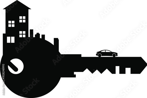 Black silhouette of a house key featuring a residential home building and small car icon isolated on white background for real estate and insurance