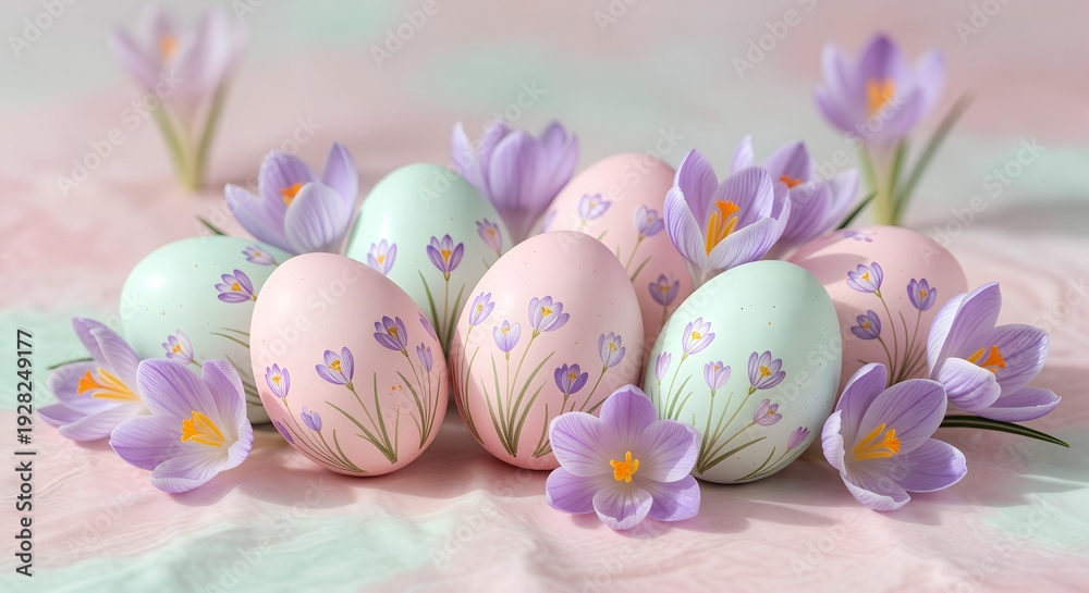 Fototapeta premium Decorative Easter Eggs with Crocuses on Pastel Background