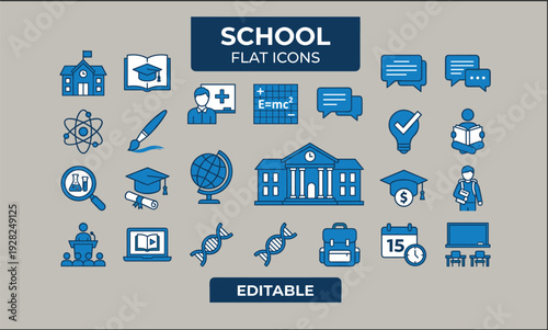 WebSchool Flat Icons Set, Education Symbols, Learning, Teacher, University, Science, Math, Graduation, Student, Classroom, Books, Backpack, Diploma, and Academic Vector Illustrations,