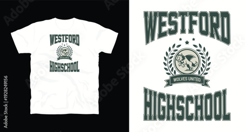 Westford highschool wolves united emblem with wolf mascot inside laurel wreath for academic and athletic wear