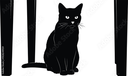 Black cat silhouette sitting under table isolated on white background vector illustration