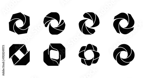 Abstract aperture iris symbols set. Black and white vector design.