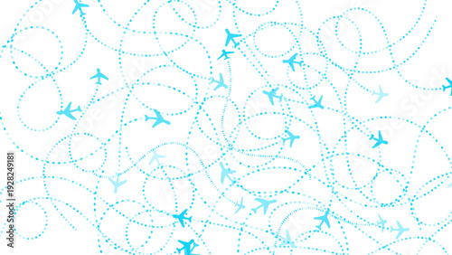 Vector illustration of multiple blue airplanes flying on dotted line flight paths. Abstract background concept for travel, aviation, and global logistics.