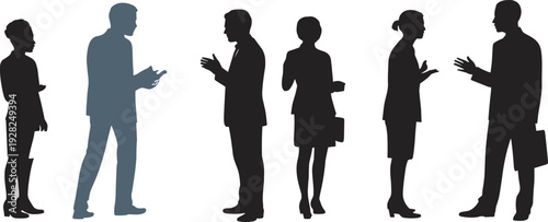 Collection of black silhouettes featuring professional business men and women standing and talking in groups isolated on white background for corporate communication and networking