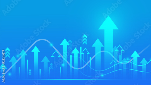 Abstract blue background with glowing upward arrows and a wavy line graph. Concept of business growth, stock market success, and financial progress.