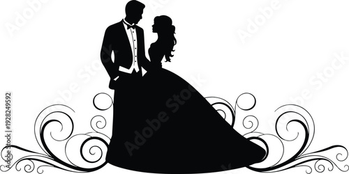 Elegant Bride and Groom Silhouette Embracing Within Decorative Ornamental Frame Black and White Vector Illustration