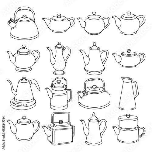 Teapot Line Art Set, Tea Kettle Teaware Collection Outline Illustration