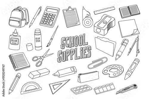 School Supplies Line Art Set, Classroom Equipment Illustration