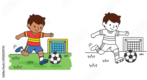 Cute boy playing soccer cartoon vector illustration with black and white line art outline version for kids coloring book