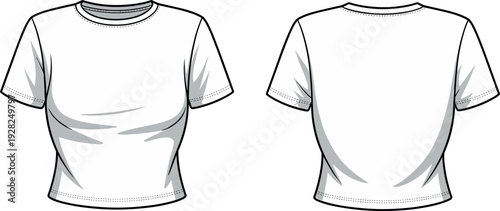 Art & IllusTechnical fashion flat sketch of a women’s short sleeve crew neck cropped t-shirt featuring a slim fit silhouette for apparel design templatestration