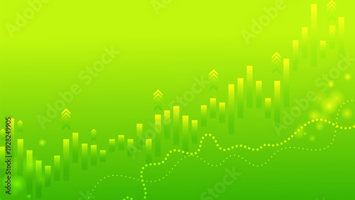 Abstract financial background with a green and yellow glowing bar chart showing upward growth. Concept of stock market, investment, and economic success.