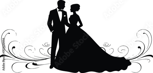 Elegant Bride and Groom Silhouette Embracing Within Decorative Ornamental Frame Black and White Vector Illustration
