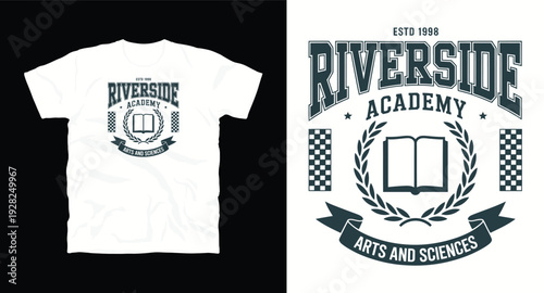 Riverside academy t-shirt design with book and laurel wreath motif, arts and sciences theme