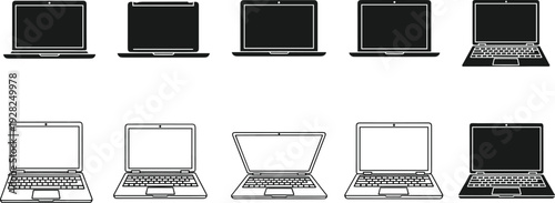 Vector Icon Set of Laptop Computers with Different Screen Angles and Silhouettes Isolated on White Background for Technology and Business
