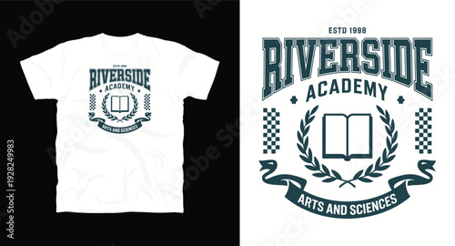 Riverside academy t-shirt design with book and laurel wreath motif, arts and sciences theme