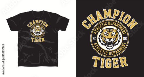 Vintage champion athletic department tiger head t-shirt design with roar mascot and collegiate typography for sports apparel