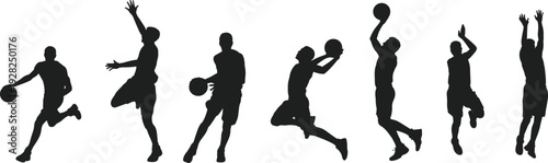 Large collection of black silhouettes featuring male basketball players jumping dunking dribbling and shooting the ball in various active sports poses isolated on white background